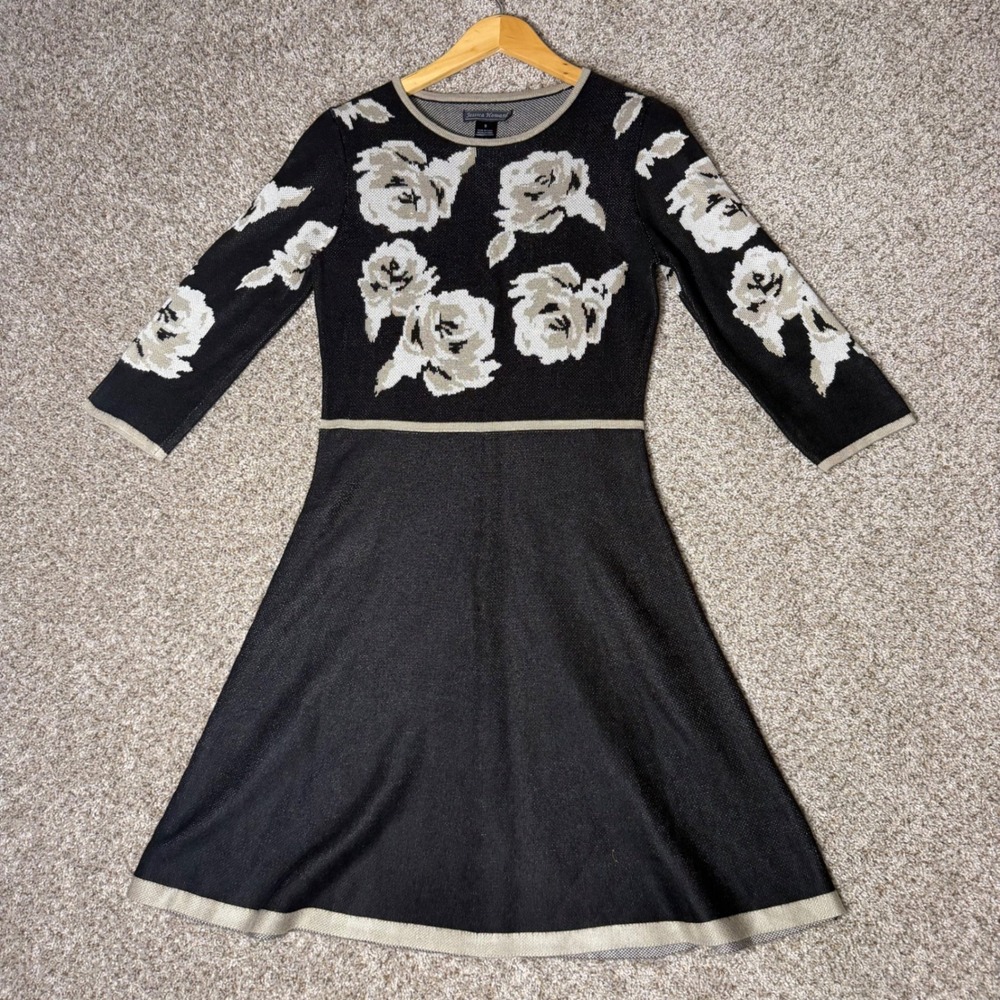 Jessica Howard Womens Black Tan Floral Knit Fit Flare Dress 3/4 Sleeve Size S